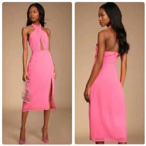 NWT LULUS Flirty Chic Bright Pink Cutout Twist-Front Halter Midi Dress. Size XS